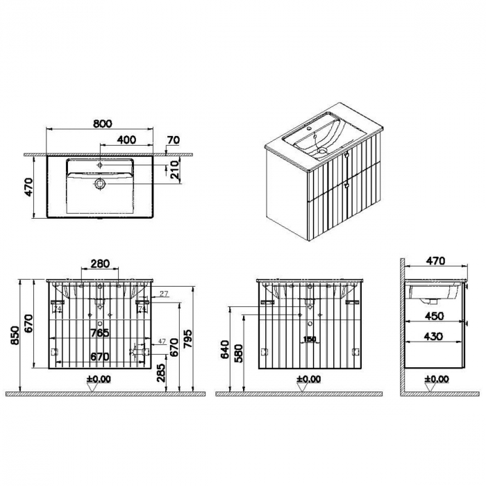 Unitate de baza lavoar baie, cu doua sertare 80cm, mat dark albastru, cu angular lavoar / chiuveta baie | 69434 [2]