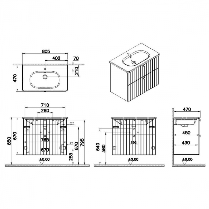 Unitate de baza lavoar baie, cu doua sertare 80cm, mat dark albastru, cu rounded lavoar / chiuveta baie | 69441 [2]