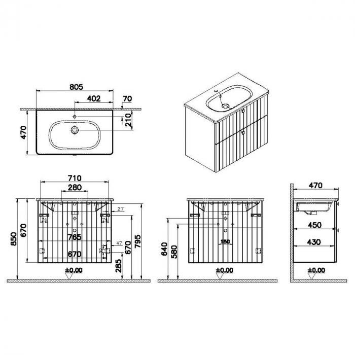 Unitate de baza lavoar baie, cu doua sertare 80cm, mat grey, cu rounded lavoar / chiuveta baie | 69438 [2]