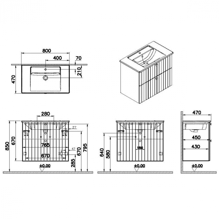 Unitate de baza lavoar baie, cu doua sertare 80cm, mat retro green, cu angular lavoar / chiuveta baie | 69435 [2]