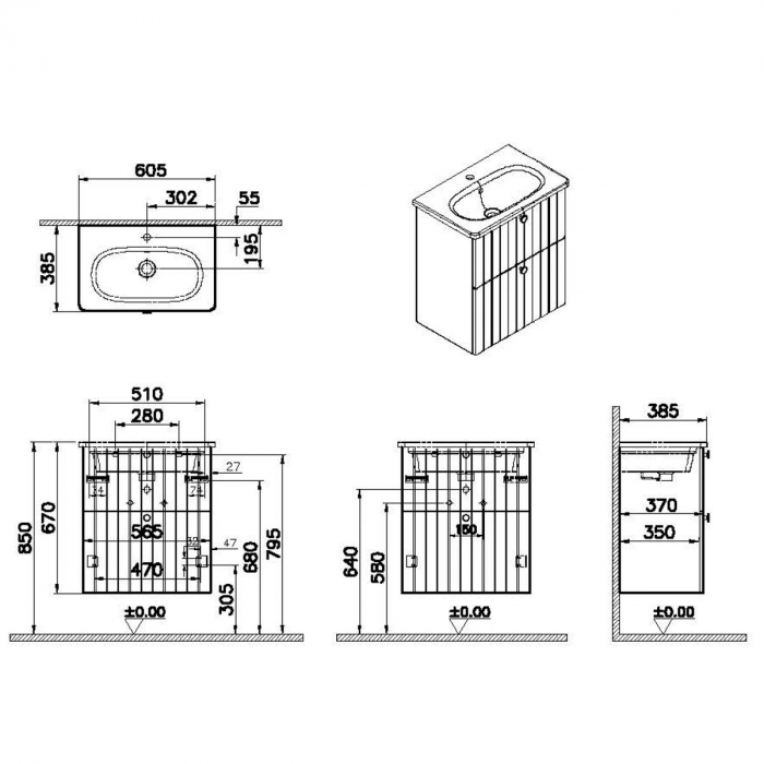 Unitate de baza lavoar baie, cu doua sertare, compact 60cm alb mat, cu rounded lavoar / chiuveta baie | 69240 [2]