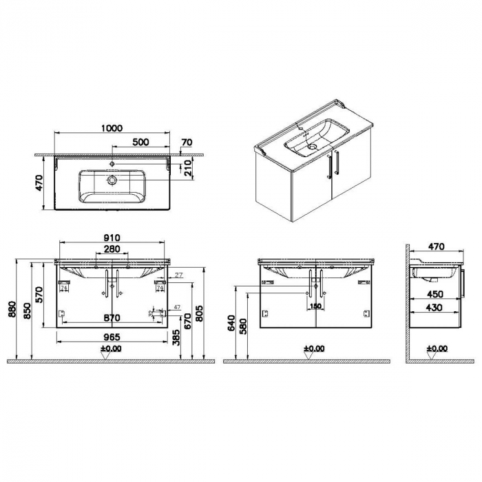Unitate de baza lavoar baie, cu usi 100cm, inalt gloss alb, cu classical lavoar / chiuveta baie | 68174 [2]