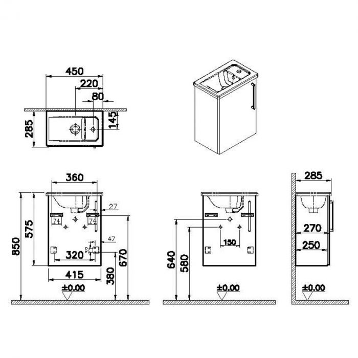 Unitate de baza lavoar baie, cu usi, 45cm, compact, cu dreapta orificiu pentru baterie, cordoba, cu angular lavoar / chiuveta baie stanga | 68061 [2]