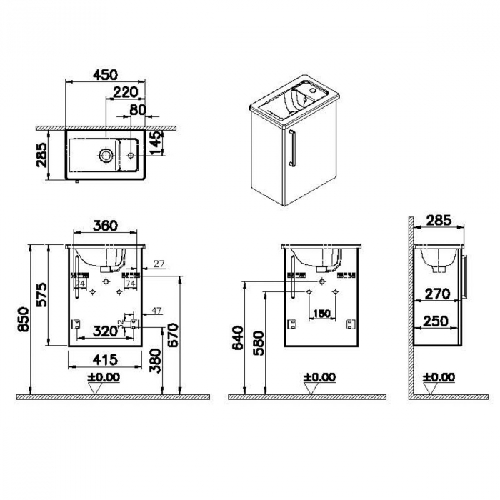 Unitate de baza lavoar baie, cu usi, 45cm, compact, cu dreapta orificiu pentru baterie, cordoba, cu angular lavoar / chiuveta baie dreapta | 68065 [2]