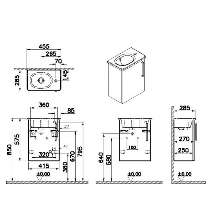 Unitate de baza lavoar baie, cu usi, 45cm, compact, cu dreapta orificiu pentru baterie, mat dark albastru, cu rounded lavoar / chiuveta baie stanga | 68068 [2]