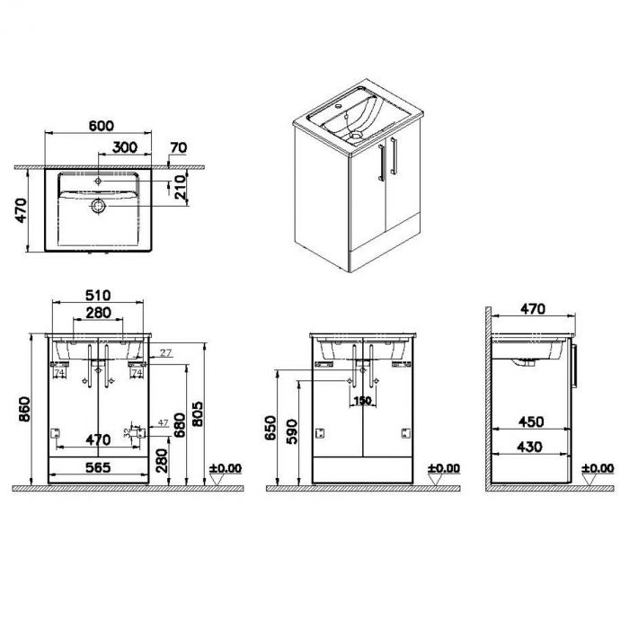 Unitate de baza lavoar baie, cu usi 60cm pe pardoseala, natural oak, cu angular lavoar / chiuveta baie | 66374 [2]