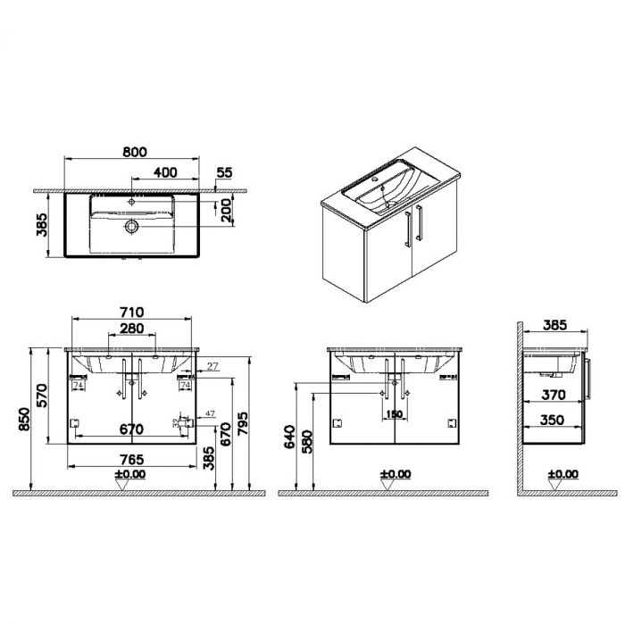 Unitate de baza lavoar baie, cu usi 80cm, compact, mat rock grey, cu angular lavoar / chiuveta baie | 68082 [2]