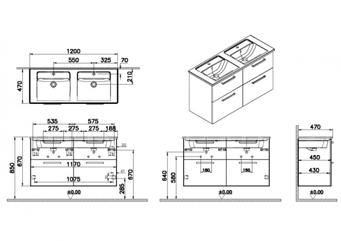 Unitate de baza lavoar baie, cu patru sertare 120 cm, inalt gloss anthracite, cu angular lavoar / chiuveta baie | 66280 [2]