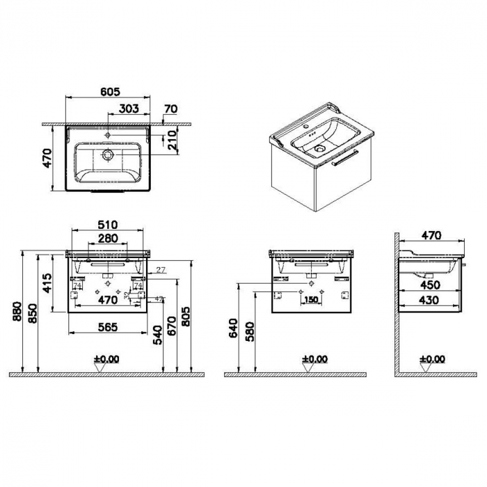 Unitate de baza lavoar baie, cu un sertar 60cm mat storm grey, cu classical lavoar / chiuveta baie | 68215 [2]