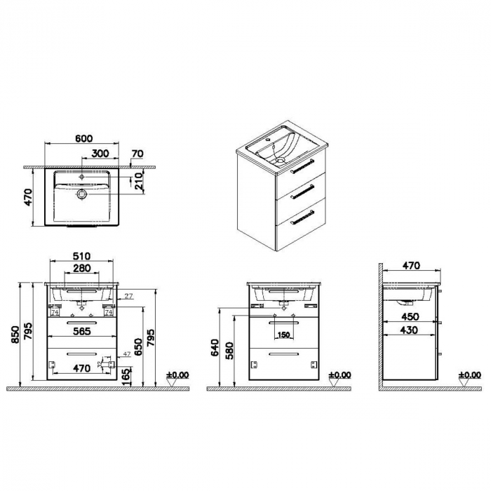 Unitate de baza lavoar baie, cu trei sertare 60cm inalt gloss pearl grey, cu angular lavoar / chiuveta baie | 66466 [2]
