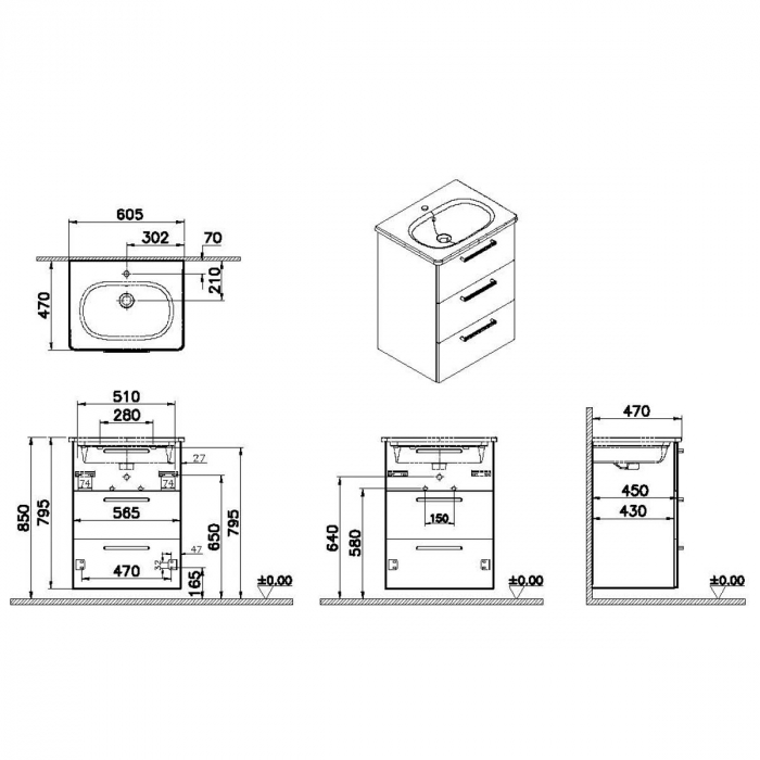 Unitate de baza lavoar baie, cu trei sertare 60cm inalt gloss sahara beige, cu rounded lavoar / chiuveta baie | 66465 [2]