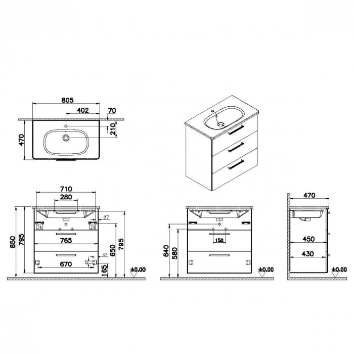 Unitate de baza lavoar baie, cu trei sertare 80cm, cordoba, cu rounded lavoar / chiuveta baie | 68358 [2]