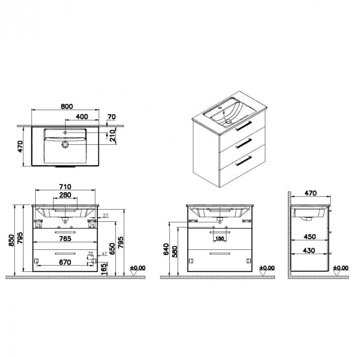 Unitate de baza lavoar baie, cu trei sertare 80cm, inalt gloss pearl grey, cu angular lavoar / chiuveta baie | 66478 [2]