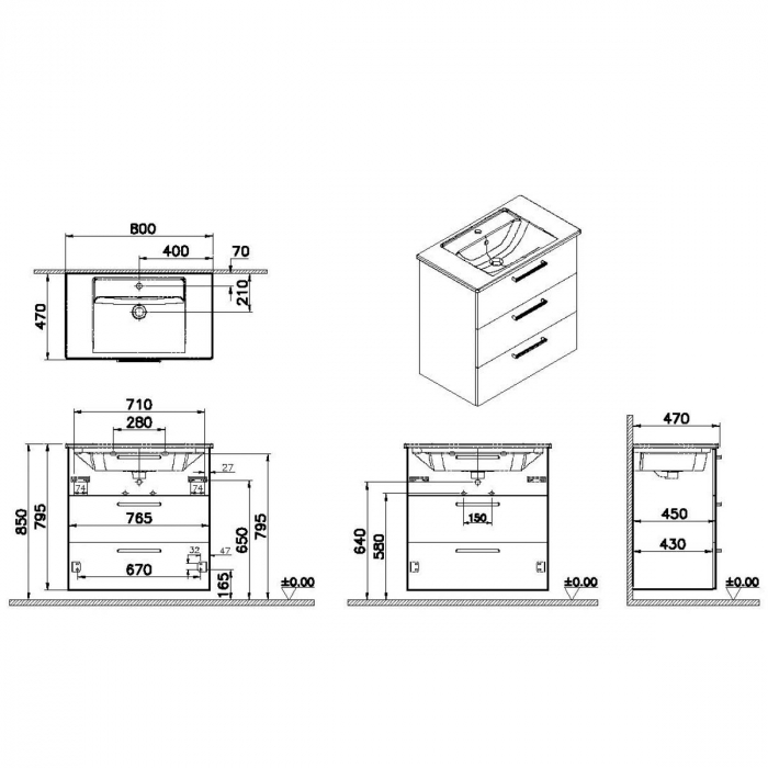 Unitate de baza lavoar baie, cu trei sertare 80cm, mat dark albastru, cu angular lavoar / chiuveta baie | 68353 [2]