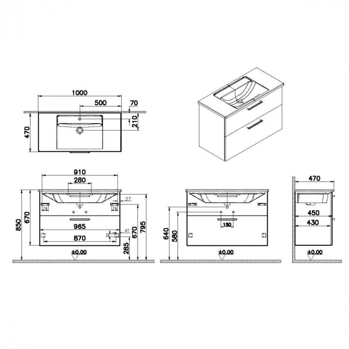 Unitate de baza lavoar baie, cu doua sertare 100cm, cordoba, cu angular lavoar / chiuveta baie | 68312 [2]