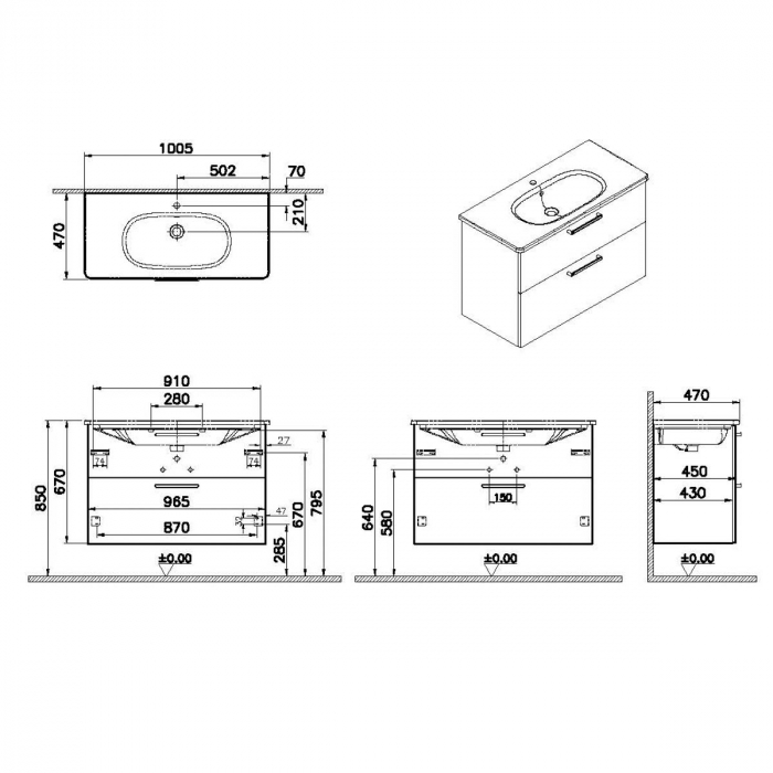 Unitate de baza lavoar baie, cu doua sertare 100cm, inalt gloss pearl grey, cu rounded lavoar / chiuveta baie | 68314 [2]