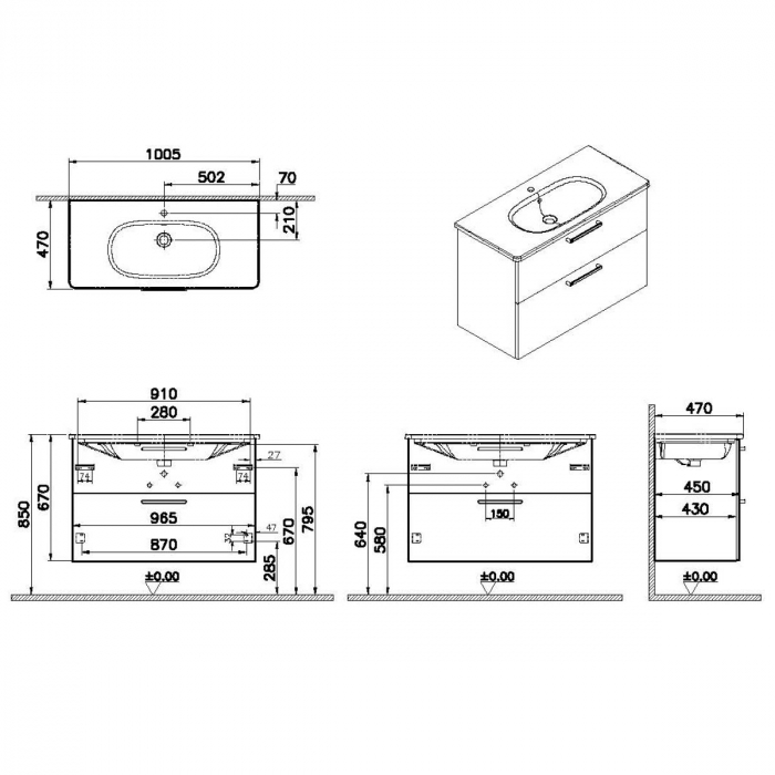 Unitate de baza lavoar baie, cu doua sertare 100cm, mat rock grey, cu rounded lavoar / chiuveta baie | 68317 [2]