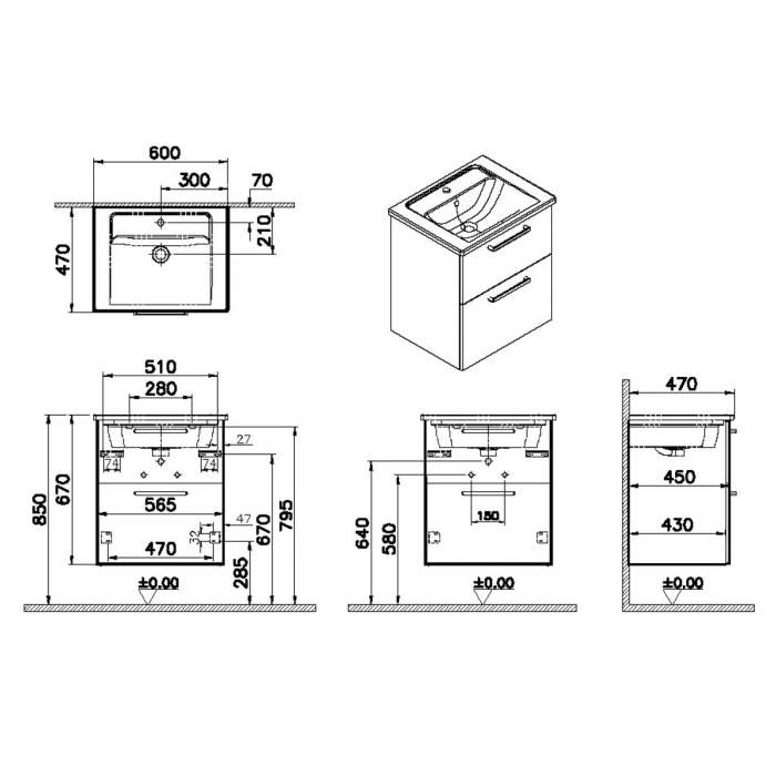 Unitate de baza lavoar baie, cu doua sertare 60cm cordoba, cu angular lavoar / chiuveta baie | 68271 [2]