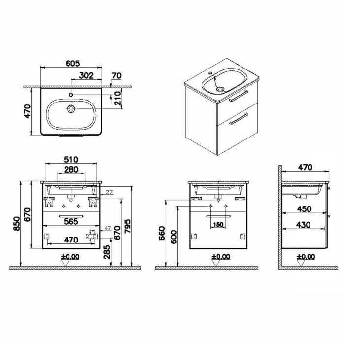 Unitate de baza lavoar baie, cu doua sertare 60cm cordoba, cu rounded lavoar / chiuveta baie | 68274 [2]
