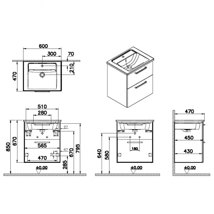 Unitate de baza lavoar baie, cu doua sertare 60cm inalt gloss anthracite, cu angular lavoar / chiuveta baie | 66292 [2]