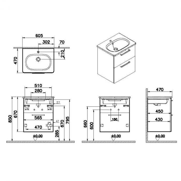 Unitate de baza lavoar baie, cu doua sertare 60cm mat rock grey, cu rounded lavoar / chiuveta baie | 69527 [2]