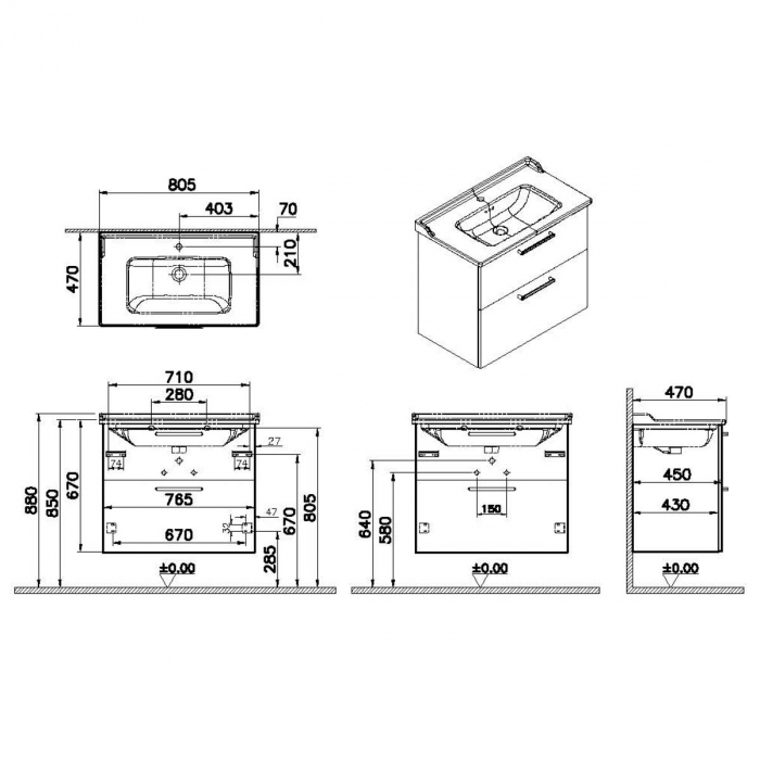 Unitate de baza lavoar baie, cu doua sertare 80cm, cordoba, cu classical lavoar / chiuveta baie | 68302 [2]