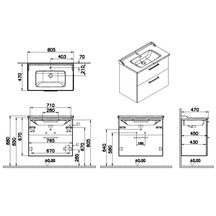 Unitate de baza lavoar baie, cu doua sertare 80cm, mat storm grey, cu classical lavoar / chiuveta baie | 68298 [2]