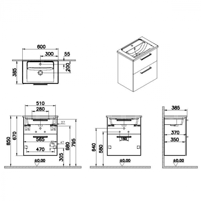 Unitate de baza lavoar baie, cu doua sertare, compact 60cm mat rock grey, cu angular lavoar / chiuveta baie | 68094 [2]