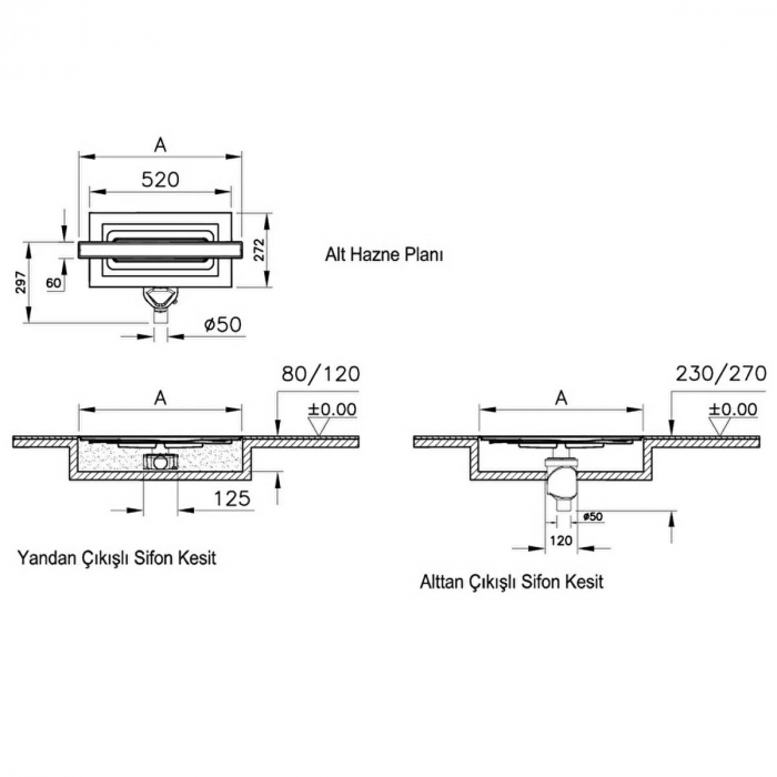 Canal / rigola de dus 100 080 auriu inalt gloss evacuare laterala h:60 | 59980565000 [2]