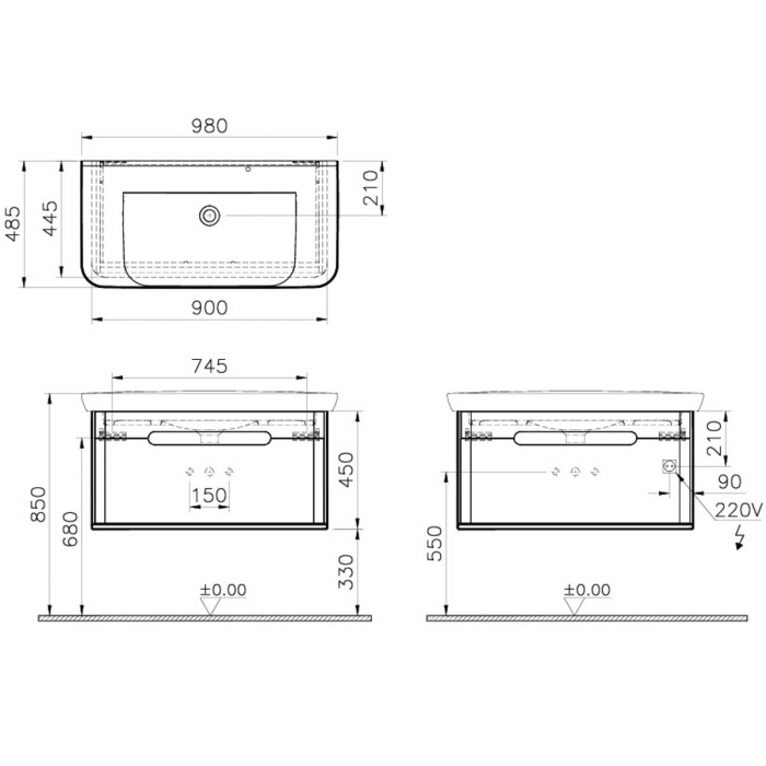 Unitate de baza lavoar baie 100cm, cu 1 drawer, fara legs, mat gri deschis | 65987 [2]