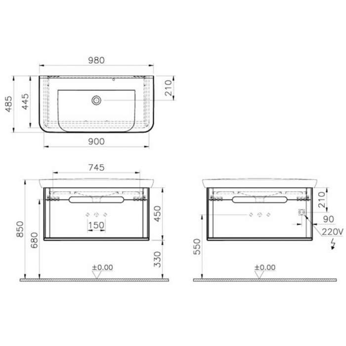 Unitate de baza lavoar baie 100cm, cu 1 drawer, fara legs, alb mat | 60814 [2]