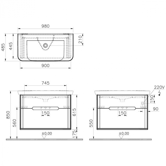 Unitate de baza lavoar baie 100cm, cu 2 drawers, fara legs, mat gri deschis | 65990 [2]