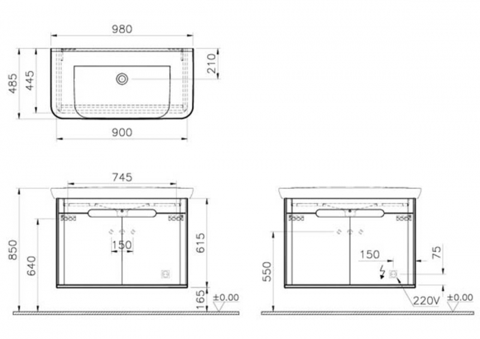 Unitate de baza lavoar baie 100cm, cu usi, fara legs, mat anthracite | 60811 [2]