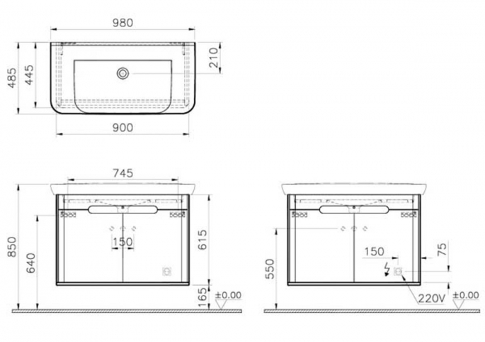 Unitate de baza lavoar baie 100cm, cu usi, fara legs, mat gri deschis | 65984 [2]