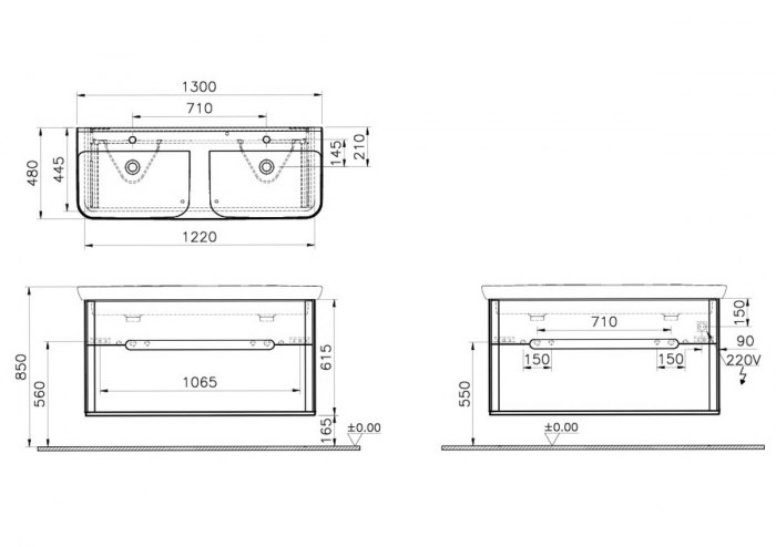 Unitate de baza lavoar baie 130cm, cu 2 drawers, cu double lavoare / chiuvete, fara legs, mat gri deschis | 65991 [2]