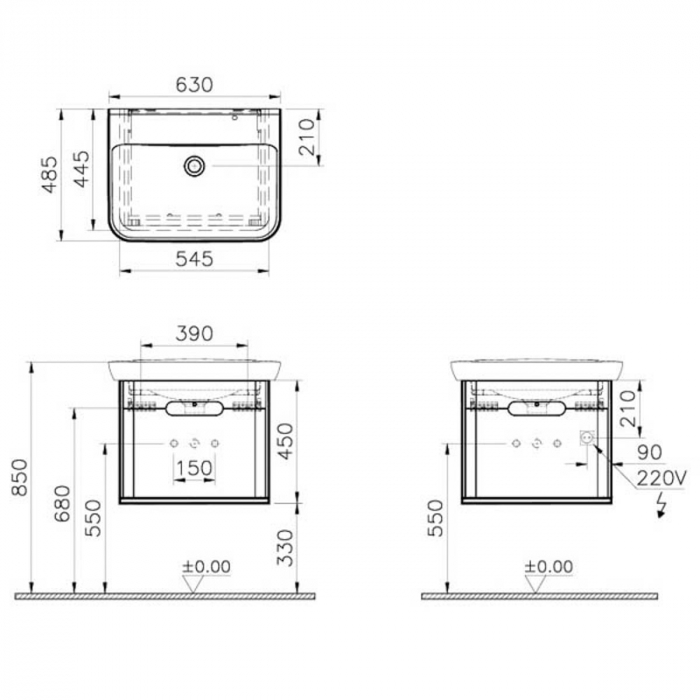Unitate de baza lavoar baie, 65cm, cu 1 drawer, fara legs, alb mat | 60812 [2]