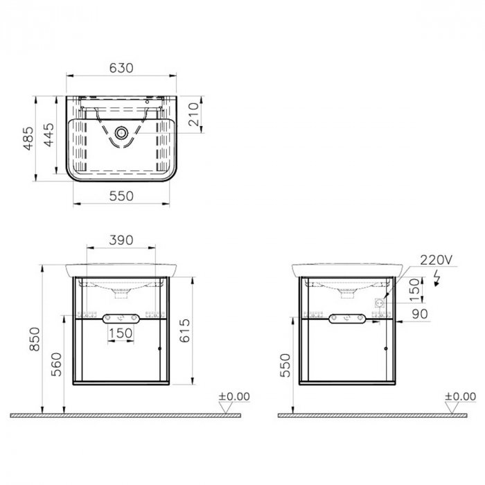 Unitate de baza lavoar baie, 65cm, cu 2 drawers, fara legs, mat anthracite | 60834 [2]