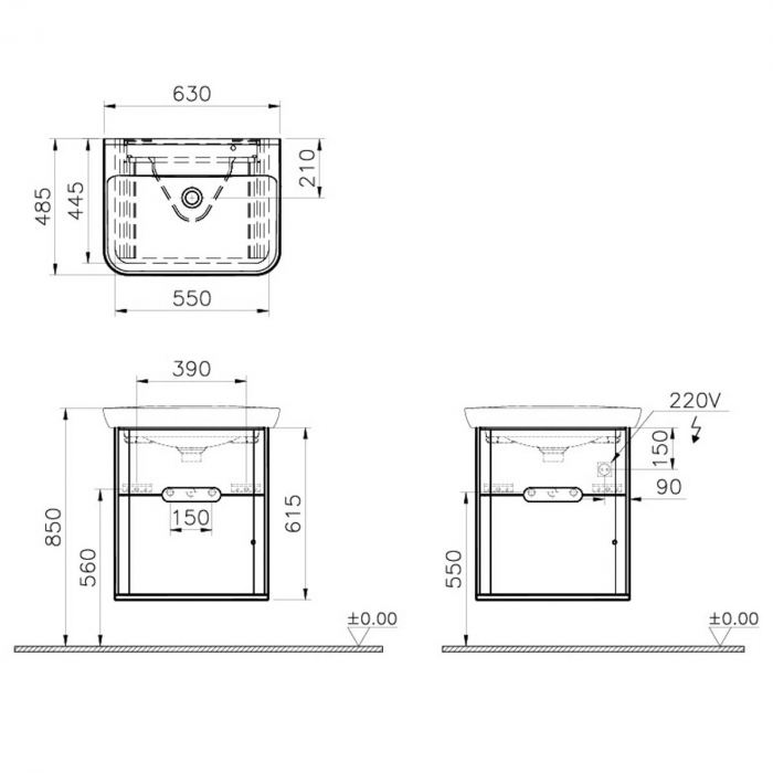 Unitate de baza lavoar baie, 65cm, cu 2 drawers, fara legs, mat gri deschis | 65988 [2]