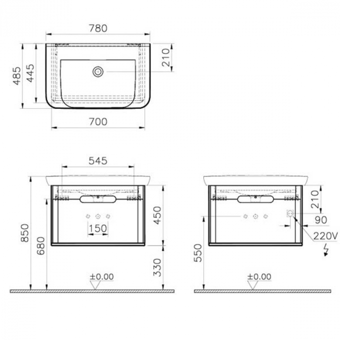Unitate de baza lavoar baie 80cm, cu 1 drawer, fara legs, mat gri deschis | 65986 [2]