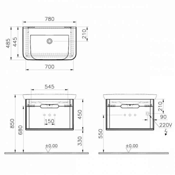 Unitate de baza lavoar baie 80cm, cu 1 drawer, fara legs, alb mat | 60813 [2]