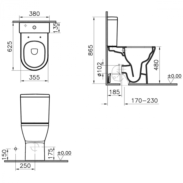 Vas WC rimless compact lipit de perete, 62cm, inalt, cu iesire universala | 7093B003-0096 [2]