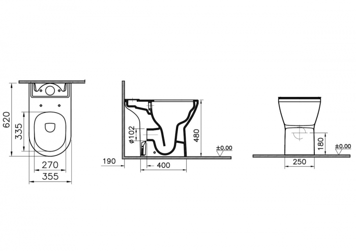 Vas WC rimless compact lipit de perete, 62cm, inalt, evacuare orizontala | 7094B003-0075 [2]