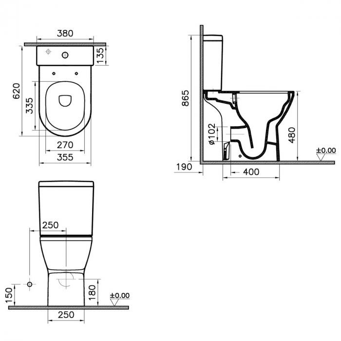 Vas WC rimless compact lipit de perete, 62cm, inalt, evacuare orizontala, fixare dubla la podea | 7094B003-0087 [2]