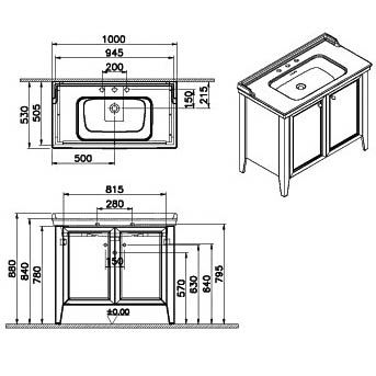 Unitate de baza lavoar baie 100cm, cu usi, cu vanity lavoar / chiuveta baie 3 orificii pentru robinet, steel albastru | 65771 [2]
