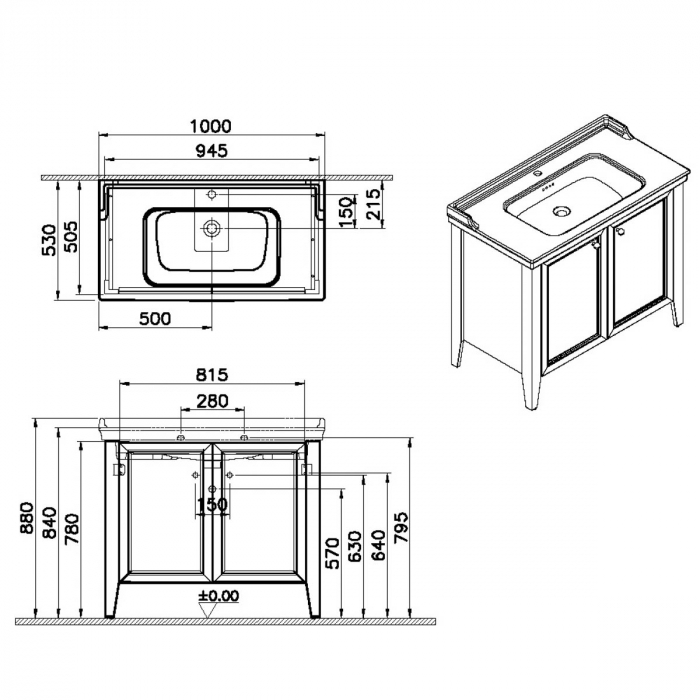 Unitate de baza lavoar baie 100cm, cu usi, cu vanity lavoar / chiuveta baie cu orificiu baterie, steel albastru | 65767 [2]