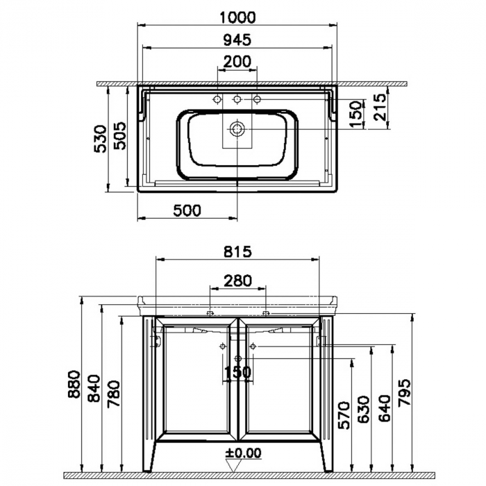 Unitate de baza lavoar baie 100cm, cu usi, cu chiuveta vanity 3 orificii pentru robinet, mat ivory | 62167 [2]
