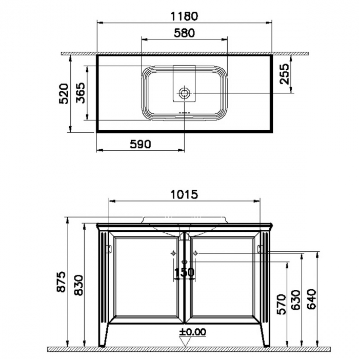 Unitate de baza lavoar baie 120 cm, cu usi, cu pe blat lavoar / chiuveta baie mat grey | 62175 [2]