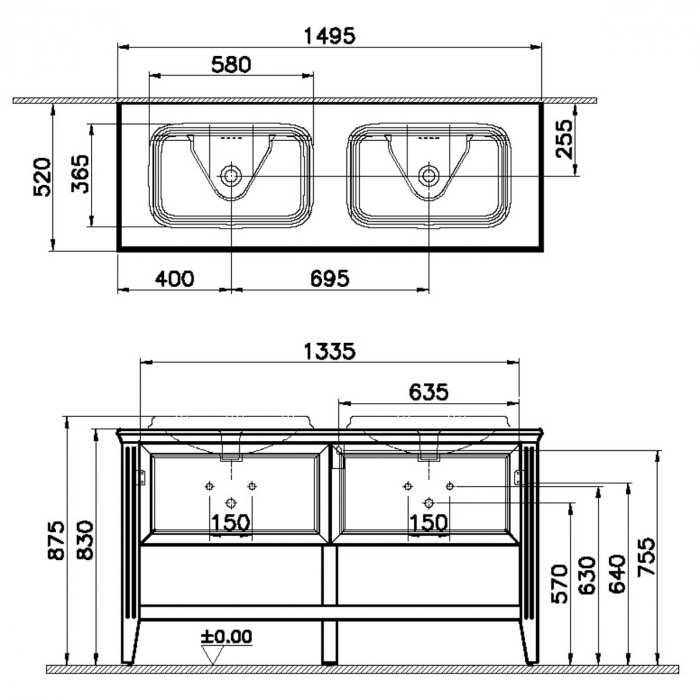 Unitate de baza lavoar baie, 150cm, cu 2 drawers, cu pe blat lavoar / chiuveta baie cu lavoar dublu / chiuveta baie dubla, alb mat | 62210 [2]