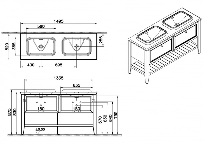 Unitate de baza lavoar baie, 150cm, cu 2 drawers, cu pe blat lavoar / chiuveta baie cu lavoar dublu / chiuveta baie dubla, cu marble counter, steel albastru | 65786 [2]
