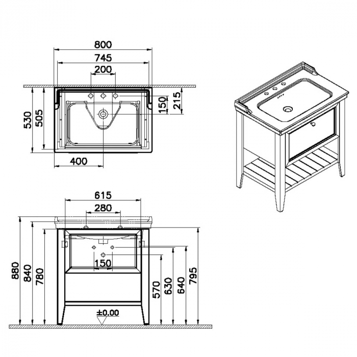 Unitate de baza lavoar baie 80cm, cu 1 drawer, cu vanity lavoar / chiuveta baie 3 orificii pentru robinet, steel albastru | 65779 [2]